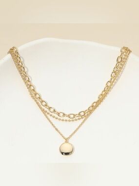 18K Gold Dipped Polished Round Pendant Accent Mixed Chain Layered Necklace